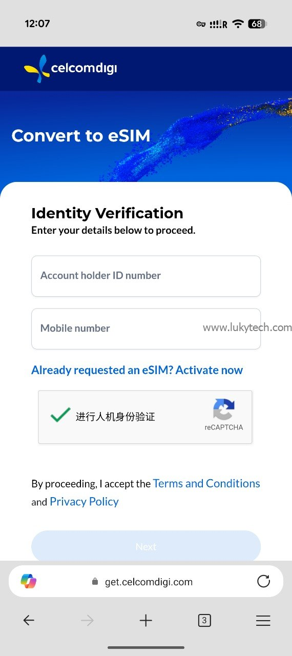输入护照 ID 和 DiGi 号码